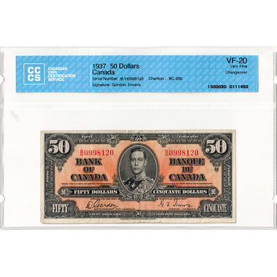 $50 1937 Bank of Canada Note Gordon-Towers B/H Prefix BC-26b - CCCS VF-20