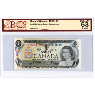 SOLD $1 1973 Bank of Canada Note EAX Replacement Prefix BC-46bA - BCS Ch UNC-63