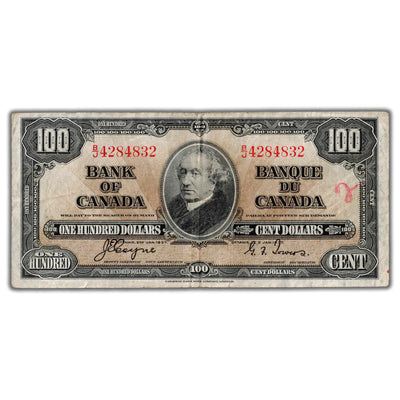 SOLD $100 1937 Bank of Canada Note Coyne-Towers B/J Prefix BC-27c - Writing