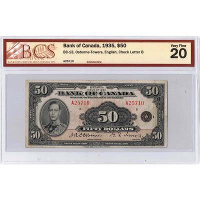 SOLD $50 1935 Bank of Canada Note English Text BC-13 - BCS VF-20