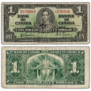 SOLD $1 1937 Bank of Canada Note Gordon-Towers Z/A Prefix BC-21b - VG/F