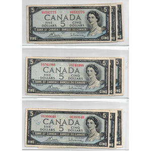 SOLD Lot of 9 $5 1954 Bank of Canada Notes - All Circulated Grades