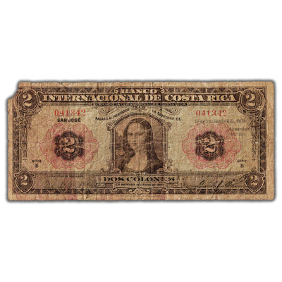 SOLD Costa Rica 1931 2 Two Colones Note P #167 - Mona Lisa - Filler/Missing Corner