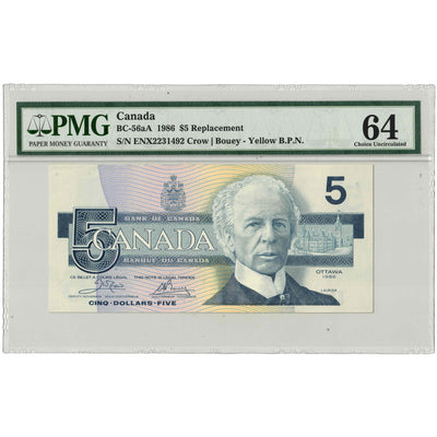 $5 1986 Bank of Canada Note ENX Replacement Prefix BC-56c-i - PMG UNC-64