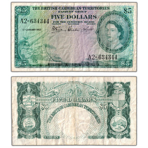 SOLD British Caribbean Territories 1953 $5 Five Dollars Note P #9a - F/VF