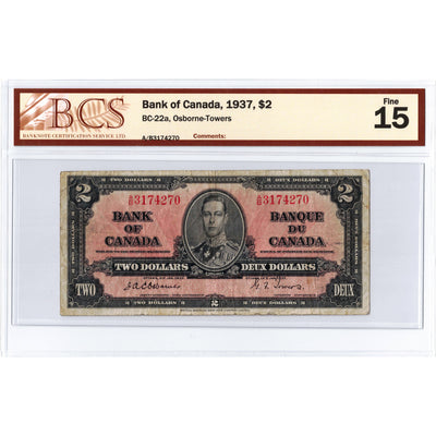 $2 1937 Bank of Canada Note Osborne Signature A/B Prefix BC-22a - BCS F-15