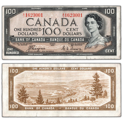 SOLD $100 1954 Bank of Canada Note Devil Face A/J Prefix BC-35a - EF (tear)