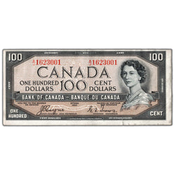 $100 1954 Bank of Canada Note Devil Face A/J Prefix BC-35a - EF (tear)