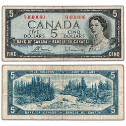 $5 1954 Bank of Canada Note U/X Prefix BC-39c - Scarce Rotator Serial Number