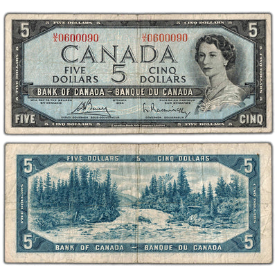SOLD $5 1954 Bank of Canada Note U/X Prefix BC-39c - Scarce Rotator Serial Number