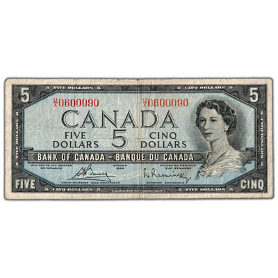 SOLD $5 1954 Bank of Canada Note U/X Prefix BC-39c - Scarce Rotator Serial Number