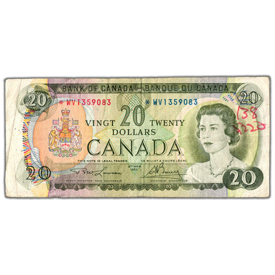 $20 1969 Bank of Canada Note *WV Replacement Prefix BC-50bA - Writing
