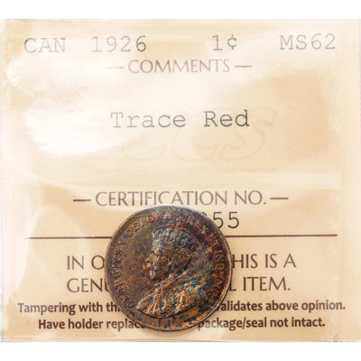 Canada 1926 1 Small Cent Coin - ICCS MS-62 Trace Red