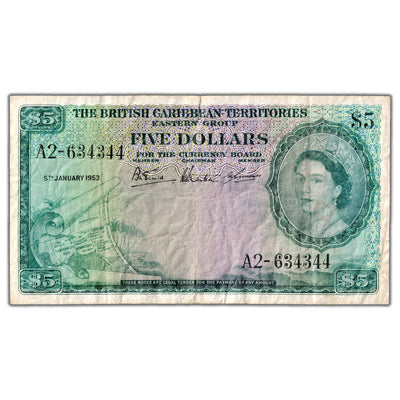 SOLD British Caribbean Territories 1953 $5 Five Dollars Note P #9a - F/VF