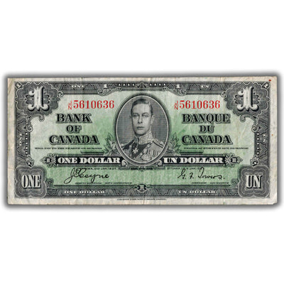 $1 1937 Bank of Canada Note Coyne-Towers J/N Prefix BC-24d - F/VF