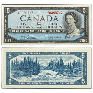 SOLD $5 1954 Bank of Canada Note Beattie-Rasminsky J/X Prefix BC-39b - AU