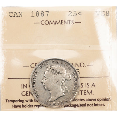 SOLD Canada 1887 25 Cents Quarter Silver Coin - ICCS VG-8
