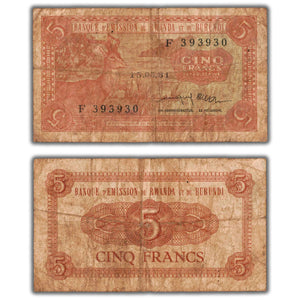 SOLD Rwanda-Burundi 1961 5 Five Francs Note P #1a