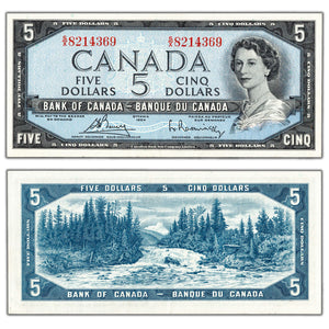 SOLD $5 1954 Bank of Canada Note Bouey-Rasminsky S/X Prefix BC-39c - AU-58