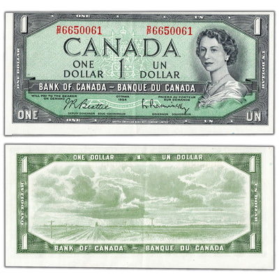 $1 1954 Bank of Canada Note D/P Prefix BC-37b-i - Cutting Error AU