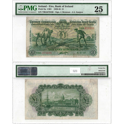 SOLD Ireland 1937 1 One Pound Note P #8a "Ploughman" - PMG VF-25