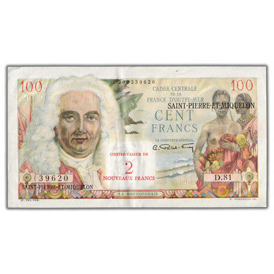 SOLD Saint Pierre & Miquelon 1963 2 Nouveau Francs/100 Francs P #32 - EF