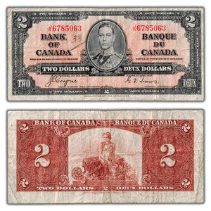 SOLD $2 1937 Bank of Canada Note Coyne-Towers J/R Prefix BC-22c - Writing
