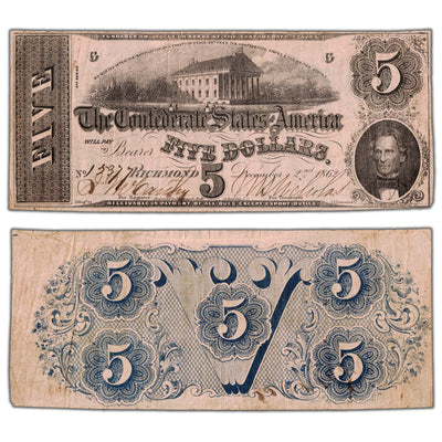 United States 1862 Confederate States of America $5 Five Dollars Note - VF