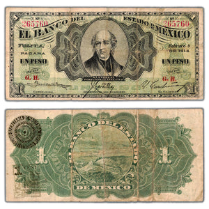 Mexico El Banco Del Estado 1914 1 One Peso Note P #S336 - Circulated