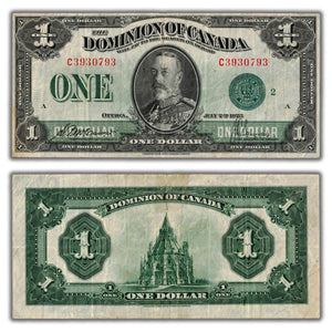SOLD $1 1923 Dominion of Canada Note Green Seal Series C DC-25j - F/VF (tear/tape)