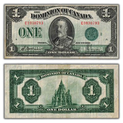 SOLD $1 1923 Dominion of Canada Note Green Seal Series C DC-25j - F/VF (tear/tape)