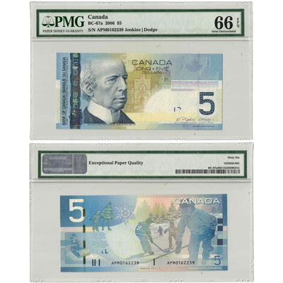 $5 2006 Bank of Canada Note Jenkins-Dodge APM Prefix BC-67a - PMG UNC-66 EPQ