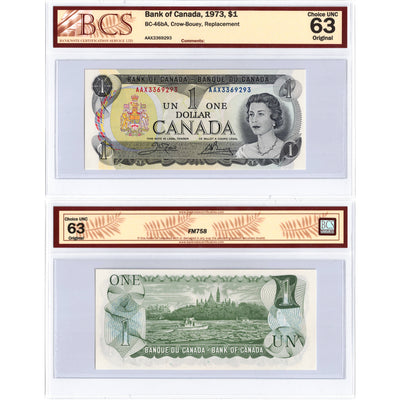 SOLD $1 1973 Bank of Canada Note AAX Replacement Prefix BC-46bA - BCS Ch UNC-63