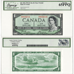 SOLD $1 1954 Bank of Canada Note Devil Face M/A Prefix BC-29b - Legacy Gem UNC-65 PPQ