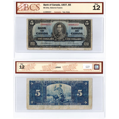 SOLD $5 1937 Bank of Canada Note Osborne Signature A/C Prefix BC-23a - BCS F-12