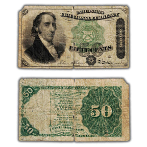 SOLD Untied States 1873 50 Cents Fractional Currency Note FR #1379 - Damaged