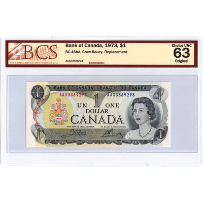 SOLD $1 1973 Bank of Canada Note AAX Replacement Prefix BC-46bA - BCS Ch UNC-63