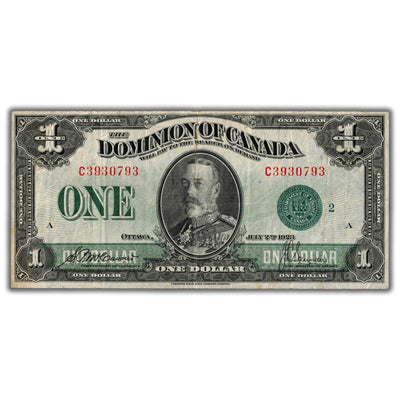 SOLD $1 1923 Dominion of Canada Note Green Seal Series C DC-25j - F/VF (tear/tape)