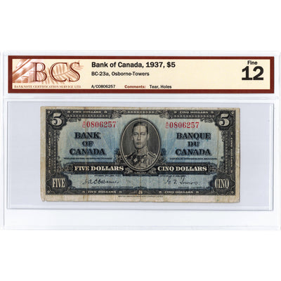 SOLD $5 1937 Bank of Canada Note Osborne Signature A/C Prefix BC-23a - BCS F-12