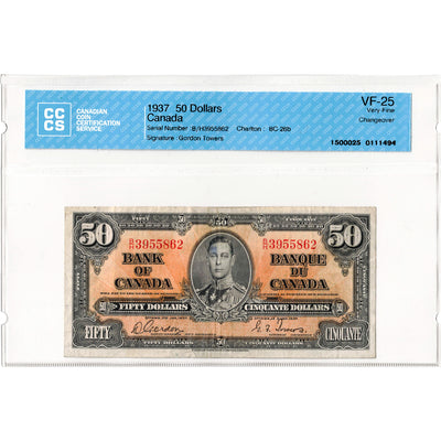 $50 1937 Bank of Canada Note Gordon-Towers B/H Prefix BC-26b - CCCS VF-25