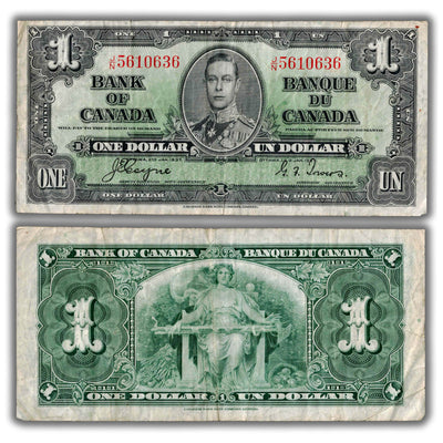 $1 1937 Bank of Canada Note Coyne-Towers J/N Prefix BC-24d - F/VF