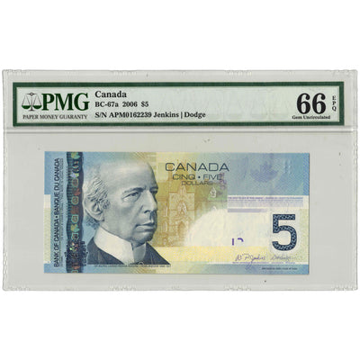 $5 2006 Bank of Canada Note Jenkins-Dodge APM Prefix BC-67a - PMG UNC-66 EPQ