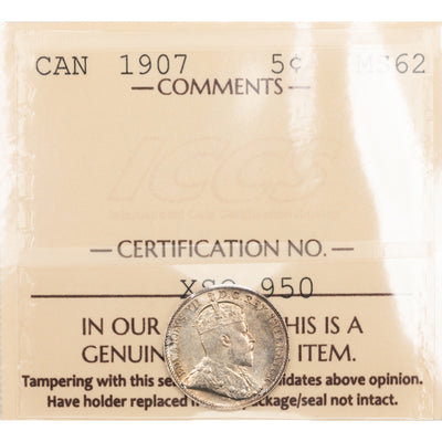Canada 1907 5 Cents Silver Coin - ICCS MS-62