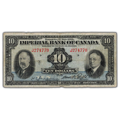 SOLD $10 1934 Imperial Bank of Canada Chartered Note CH #375-22-08