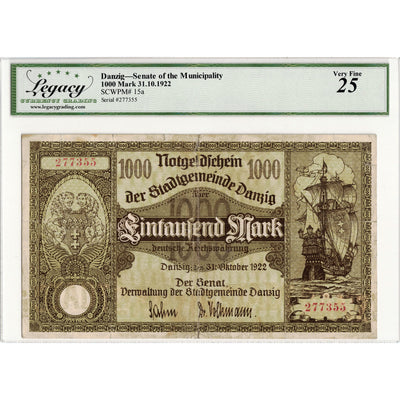 Danzig Senate of the Municipality 1922 1000 Mark Note P #15a - Legacy VF-25