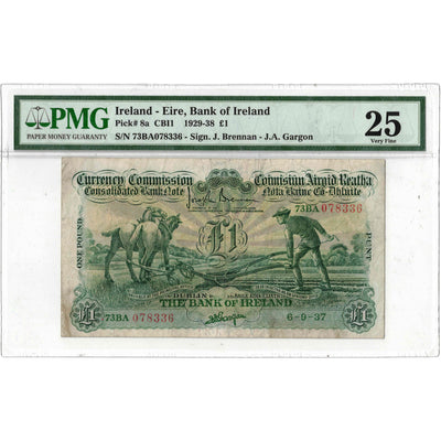 SOLD Ireland 1937 1 One Pound Note P #8a "Ploughman" - PMG VF-25