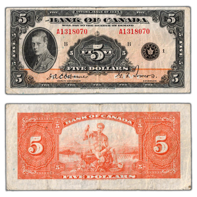 SOLD $5 1935 Bank of Canada Note English Text BC-5 - Fine+