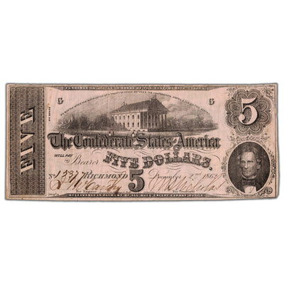 United States 1862 Confederate States of America $5 Five Dollars Note - VF