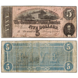 United States 1864 $5 Five Dollars Confederate States of America Note