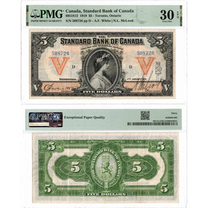 SOLD $5 1919 Standard Bank of Canada Chartered Note #695-18-12 - PMG VF-30 EPQ
